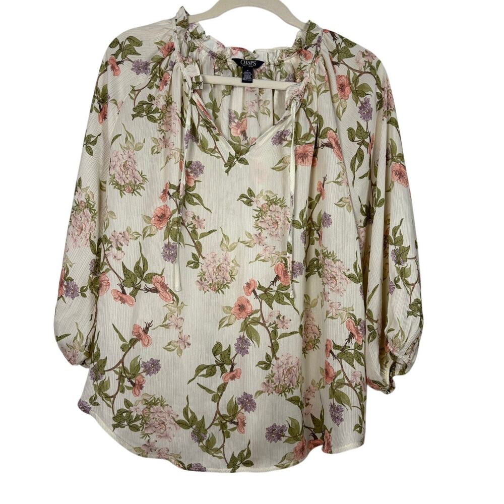 Chaps Floral Peasant Blouse Cream Pink Boho Cottagecore Balloon Sleeve Top M